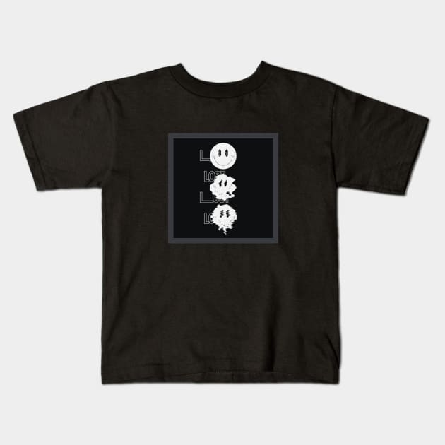 Black Lost distorted smiley face Kids T-Shirt by aholic